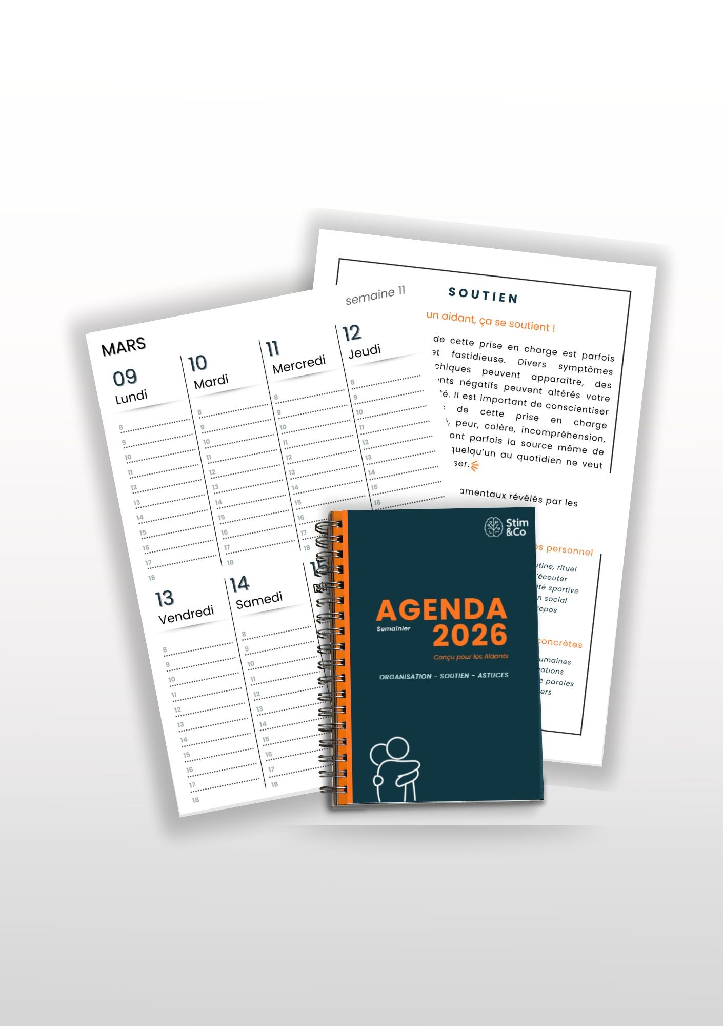 Agenda pour aidant de personnes âgées avec 3 thématiques : organisation, astuces et soutien pour les proches aidants! Un jeu de partage et de découverte, favorisant la stimulation cognitive du cerveau, des moments aidant-aidé, pour les seniors aînés personnes âgées. Outils neuropsychologiques/psychologie