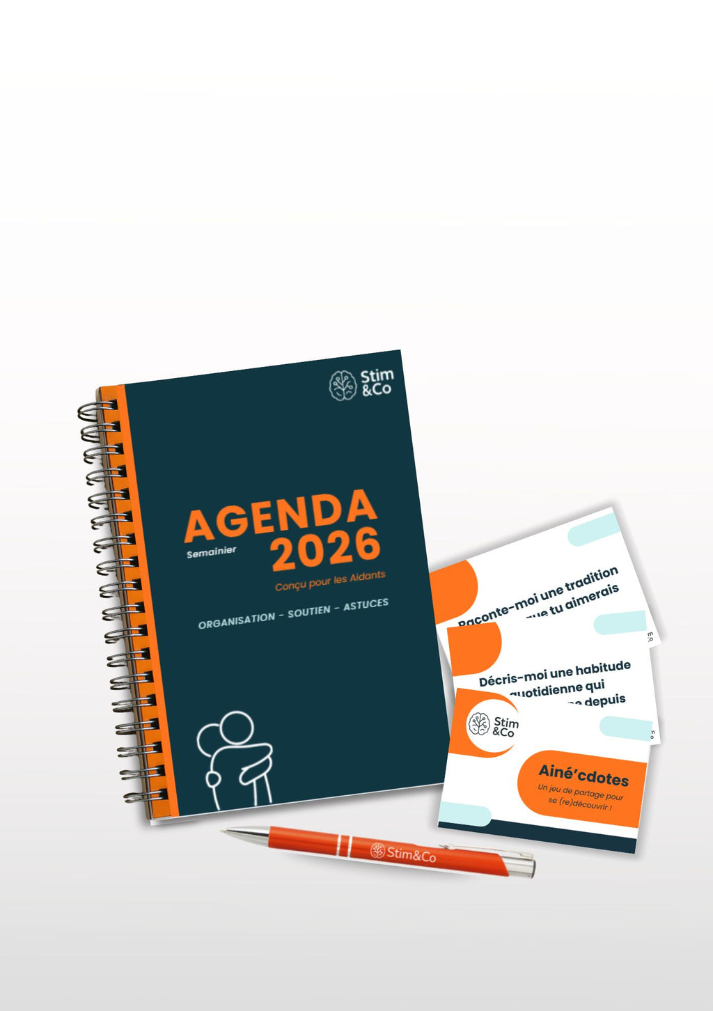Agenda pour aidant avec 3 thématiques : organisation, astuces et soutien pour les proches aidants! Un jeu de partage et de découverte, favorisant la stimulation cognitive du cerveau, des moments aidant-aidé, pour les seniors aînés personnes âgées. Outils neuropsychologiques/psychologie