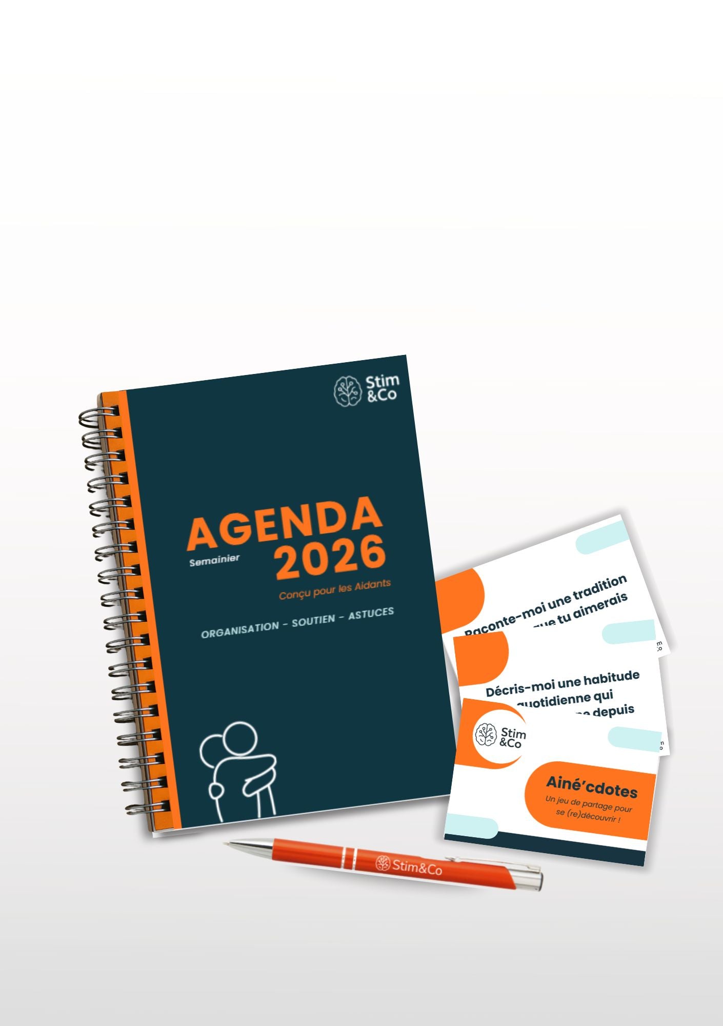 Agenda pour aidant avec 3 thématiques : organisation, astuces et soutien pour les proches aidants! Un jeu de partage et de découverte, favorisant la stimulation cognitive du cerveau, des moments aidant-aidé, pour les seniors aînés personnes âgées. Outils neuropsychologiques/psychologie