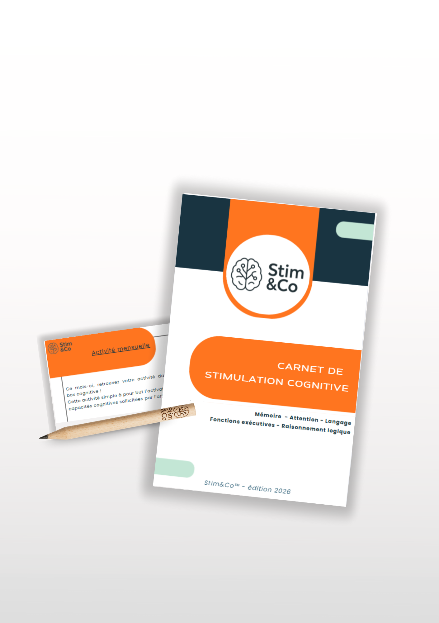 Box cognitive incluant un carnet de stimulation cognitive, avec des exercices de mémoire, langage, concentration, raisonnement logique : favorisant la stimulation cognitive du cerveau, des moments ludiques et bienveillants au quotidien, livrée à domicile pour les seniors aînés personnes âgées. Une activité mensuelle est incluse pour stimuler d'autres fonctions cognitives et la motricité fine. Outils neuropsychologiques/psychologie