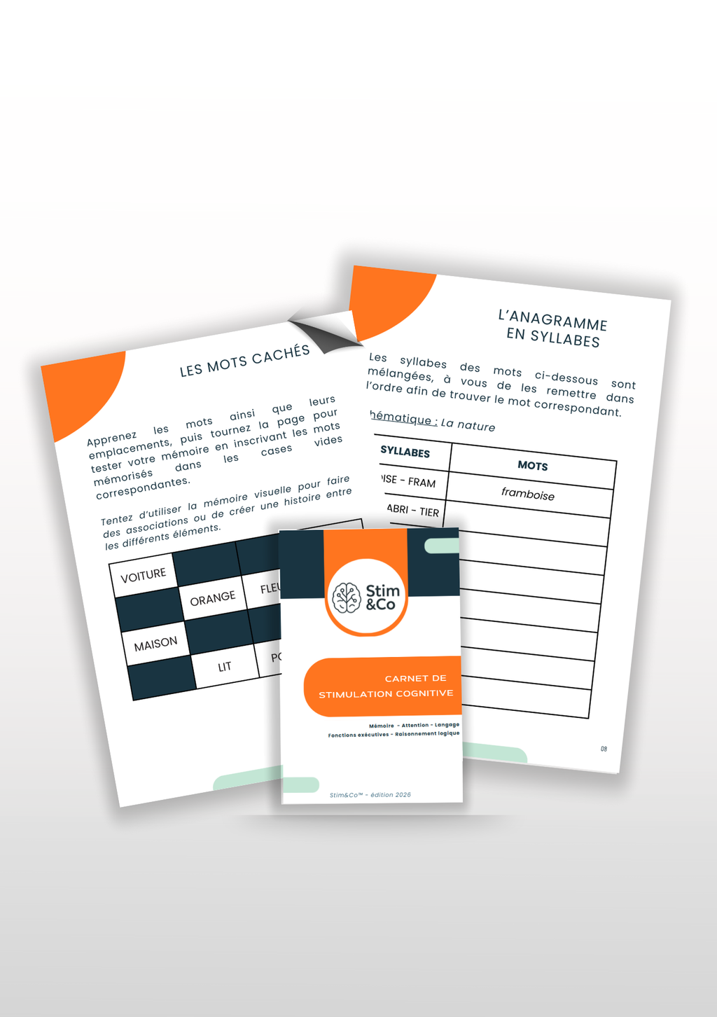 Box cognitive incluant un carnet de stimulation cognitive, avec des exercices de mémoire, langage, concentration, raisonnement logique : favorisant la stimulation cognitive du cerveau, des moments ludiques et bienveillants au quotidien, livrée à domicile pour les seniors aînés personnes âgées. Une activité mensuelle est incluse pour stimuler d'autres fonctions cognitives et la motricité fine. Outils neuropsychologiques/psychologie